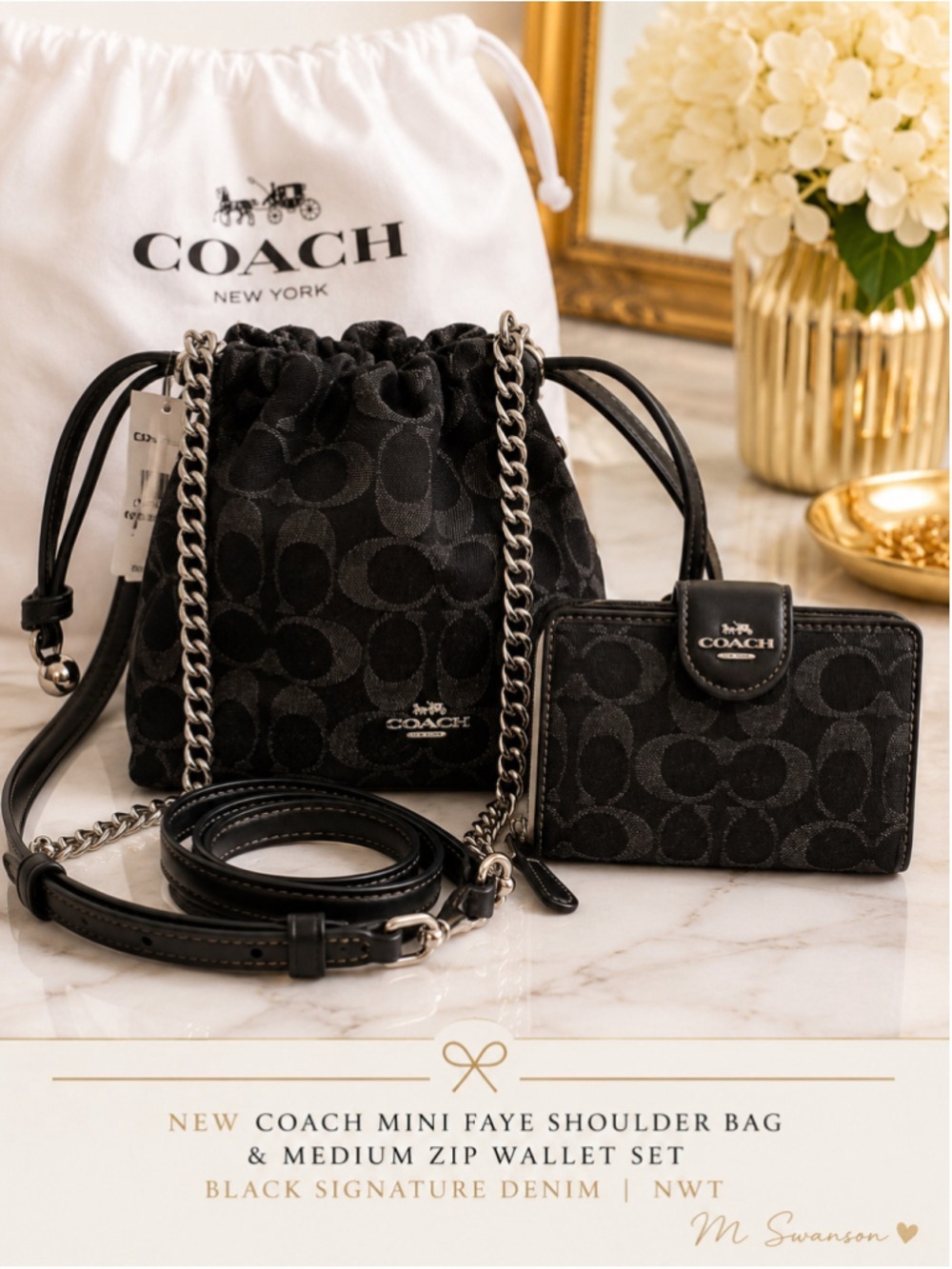NEW Coach Mini Faye Drawstring Bag & Medium Zip Wallet Set Black Signature Denim